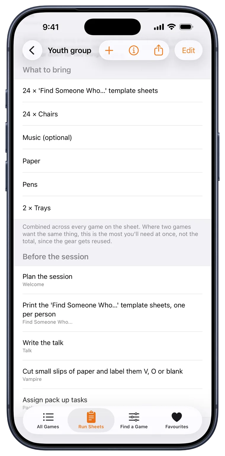 The Group Games app showing one combined list of what to bring