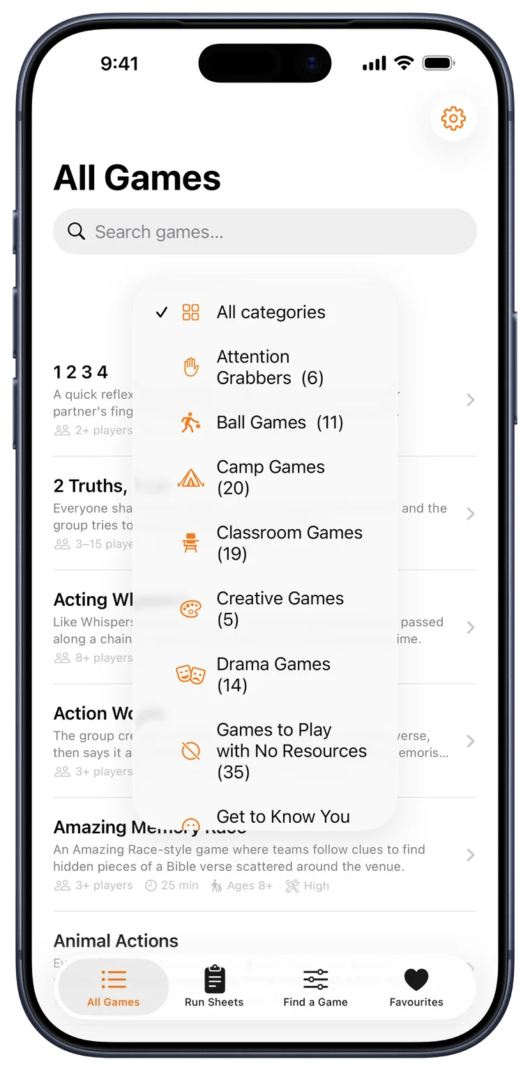 The Group Games app showing the game library with category filters open