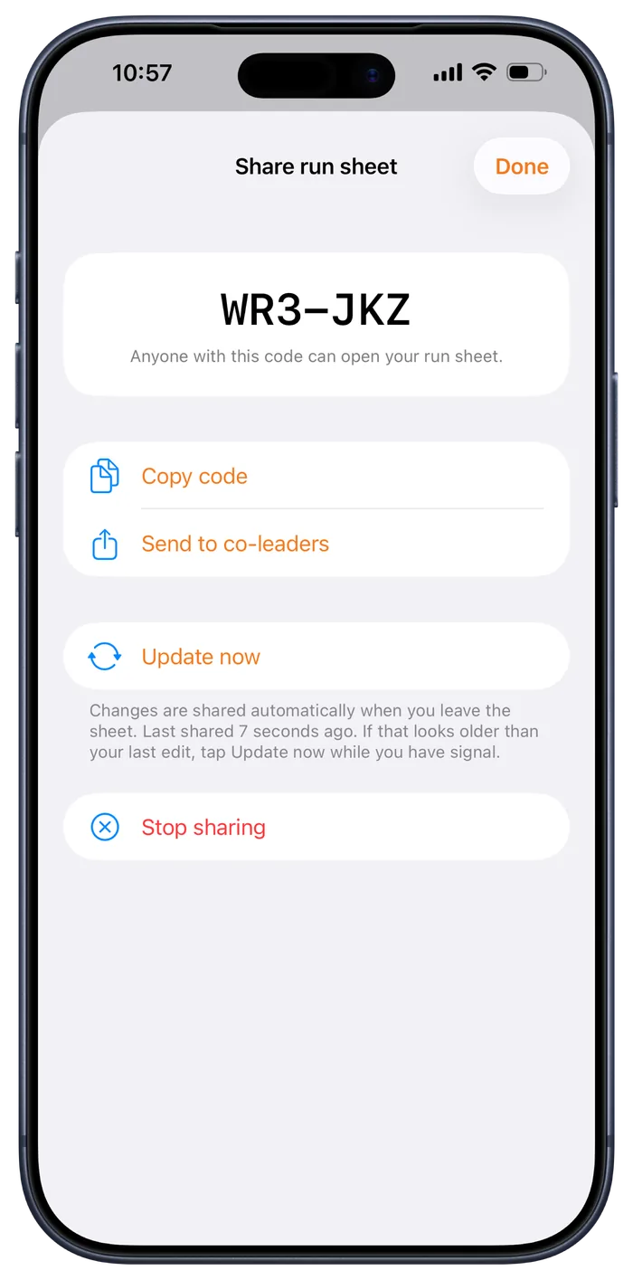 The share screen showing a six-character code and the line, anyone with this code can open your run sheet