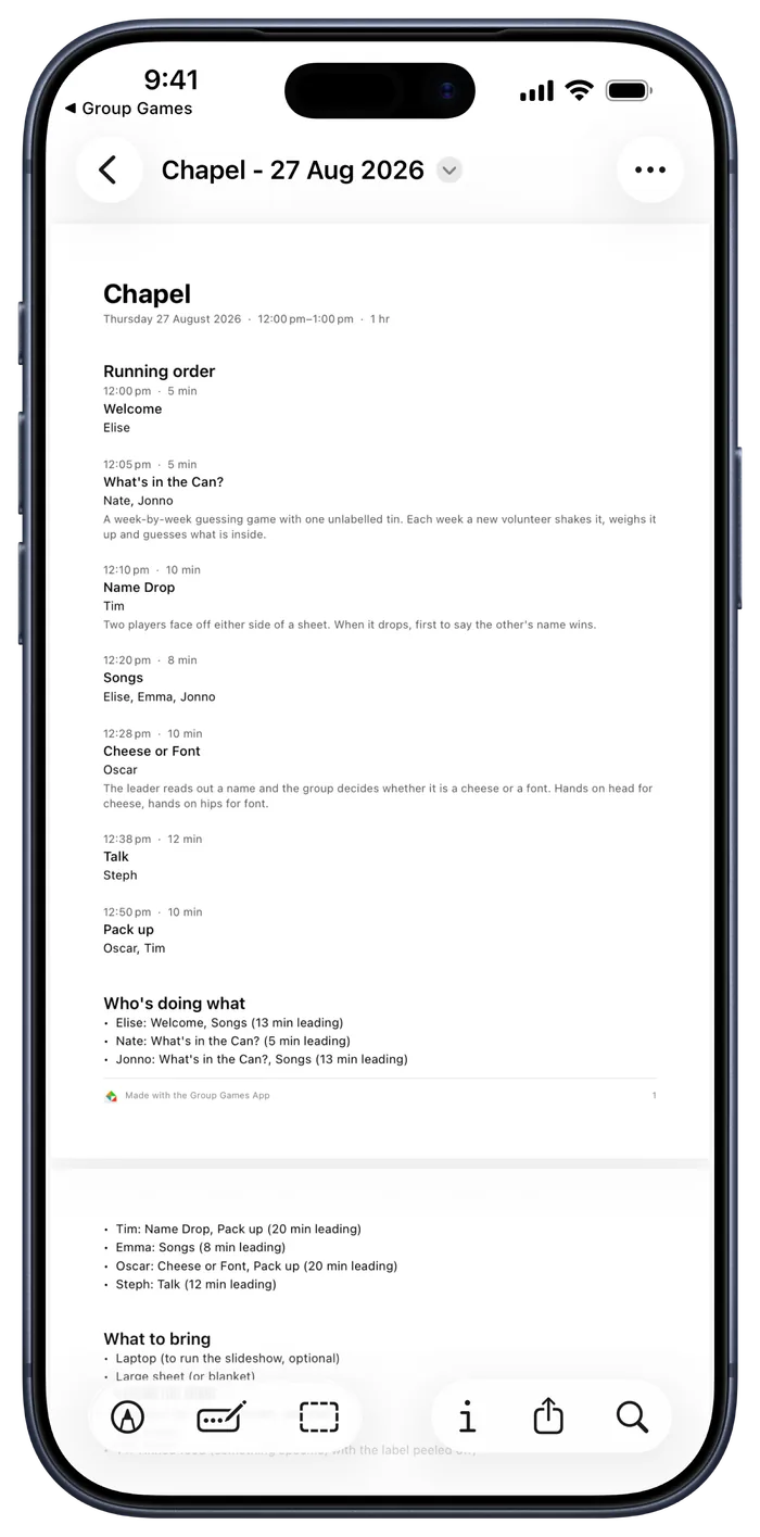 A run sheet exported as a PDF, showing the running order with times, who is doing what and what to bring